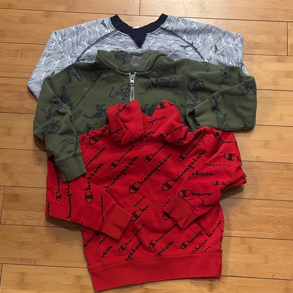 Bundle of size 5/6 boys Sweatshirts champion logo, H&M whales, carters dinosaurs